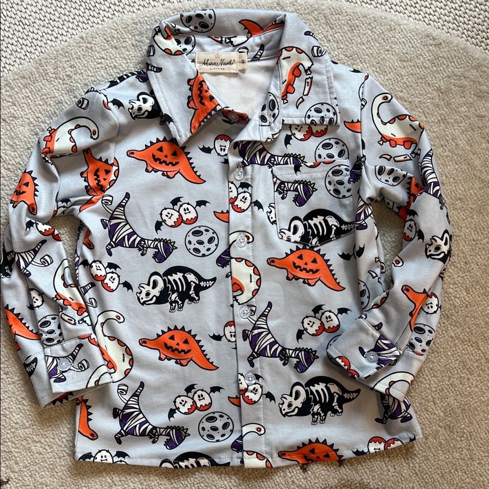Marie Nicole Toddler Boys Dinosaur Halloween Button Down Shirt Sz 3T